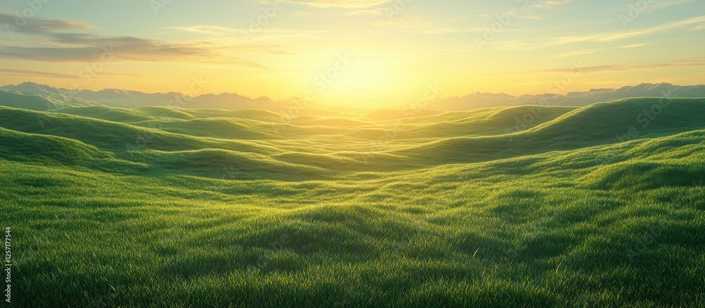 Fototapeta premium Serene Sunrise Over Rolling Green Hills with Lush Grass and Distant Mountains Under a Clear Sky