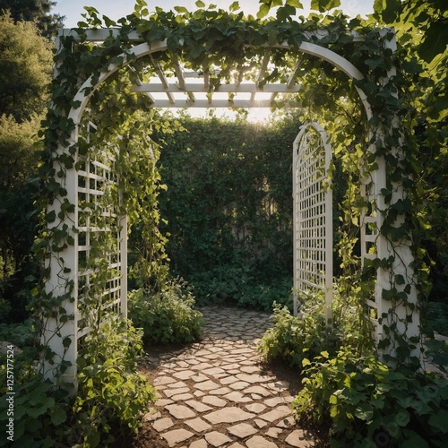 A beautiful white trellis covered in vines, leading to a secret garden.