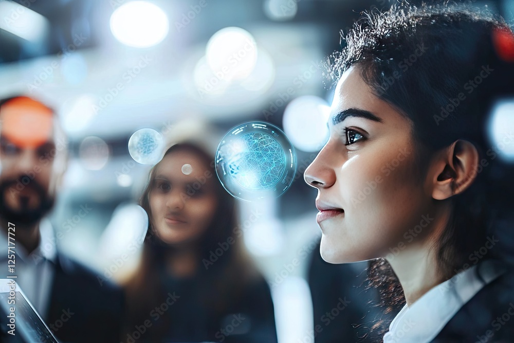 Naklejka premium Woman Looking at Futuristic Hologram, Global Network, Innovation, Technology Concept