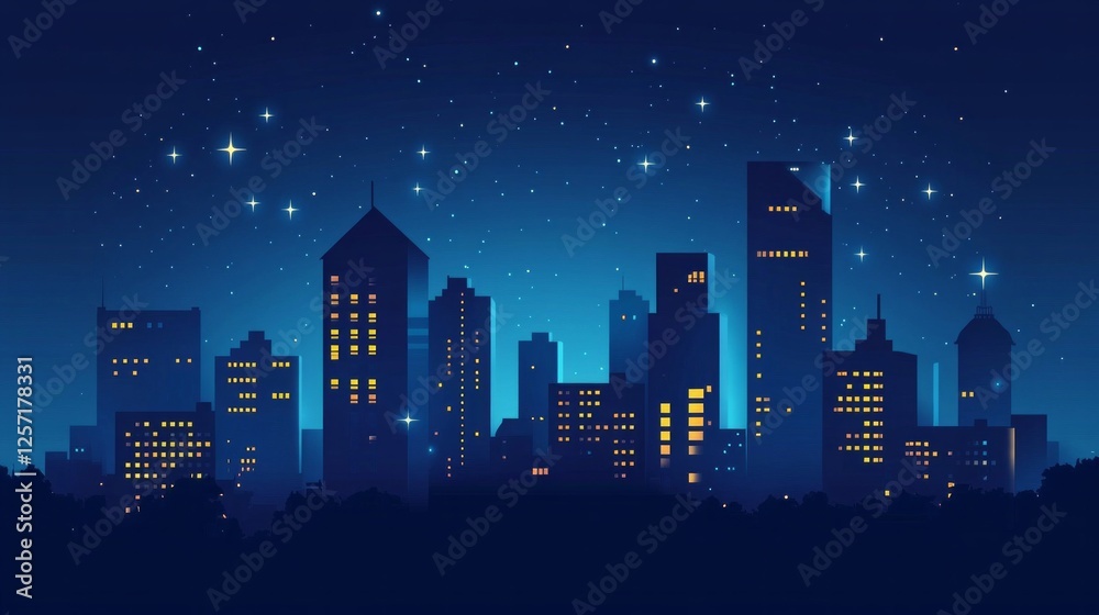 A minimalist illustration of a city skyline at night, with flat shapes of buildings and a few stars, AI Generative. A minimalist illustration of a city skyline at night, with flat shapes of buildings and a few stars, AI Generative.