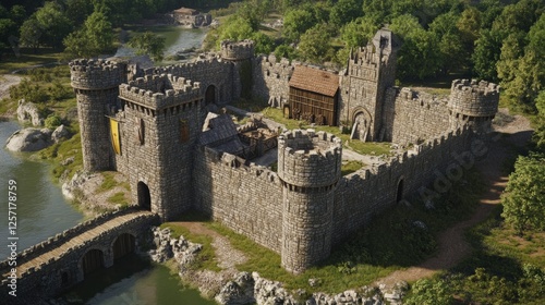 An AR model of a historical medieval castle, complete with towering stone walls, AI Generative. photo