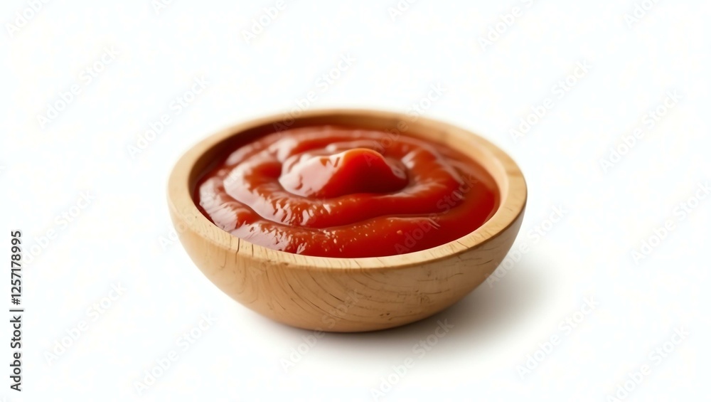 ketchup placed in a rustic wooden bowl, isolated on a pure white background with a precise clipping path ketchup placed in a rustic wooden bowl, isolated on a pure white background with a precise clipping path