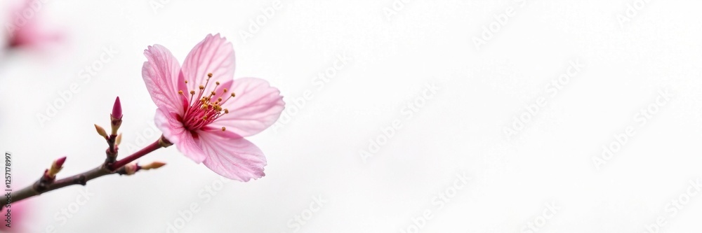 Obraz premium Single pink cherry blossom on a twig against a white background, delicate flower, blossom branches