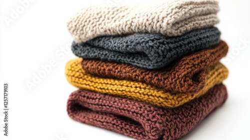 Stacked autumn-colored knit sweaters on white background; cozy fall fashion