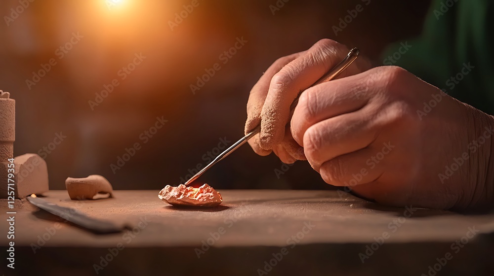 Obraz premium Skilled artisan meticulously crafting a detailed sculpture in a rustic workshop, with warm lighting