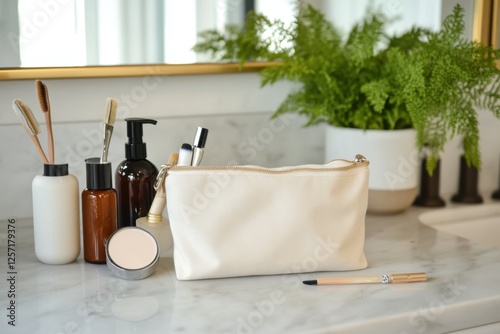 Stylish cloth makeup bag with zipper filled with essentials modern bathroom setting close-up view beauty concept