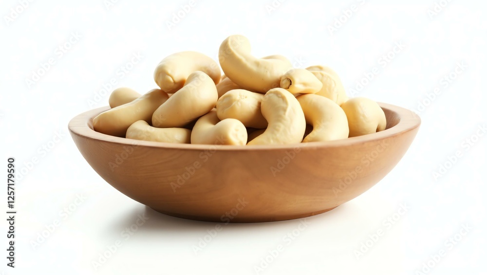 cashews placed in a rustic wooden bowl, isolated on a pure white background with a precise clipping path cashews placed in a rustic wooden bowl, isolated on a pure white background with a precise clipping path