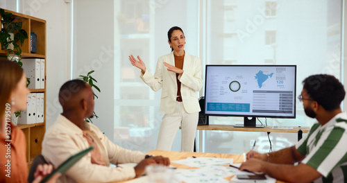 Business, woman and talk for presentation in office of global finance, risk management and investment stats. Speaker, meeting and people for worldwide population, economy revenue and state map report