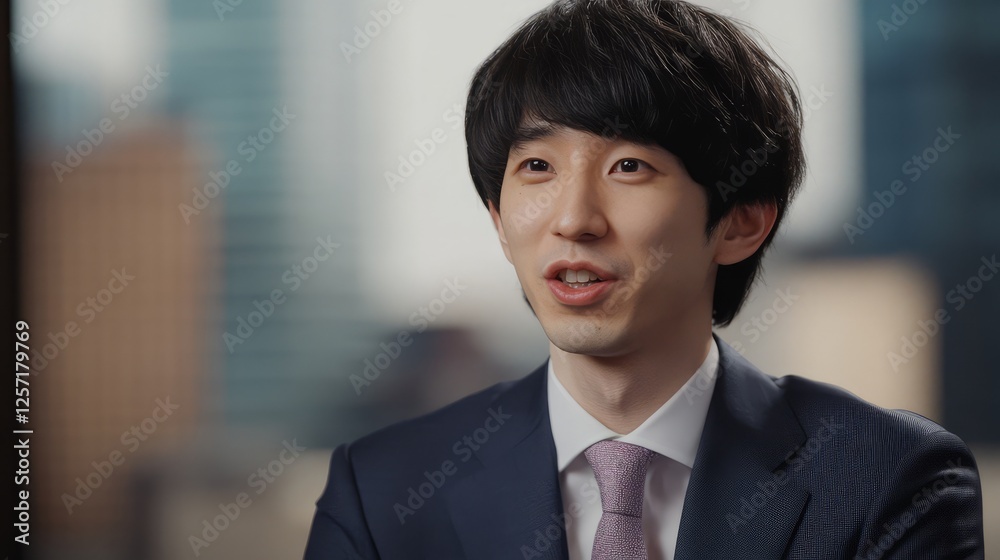 Professional young man in a suit smiling in an office environment with city background. Professional young man in a suit smiling in an office environment with city background.