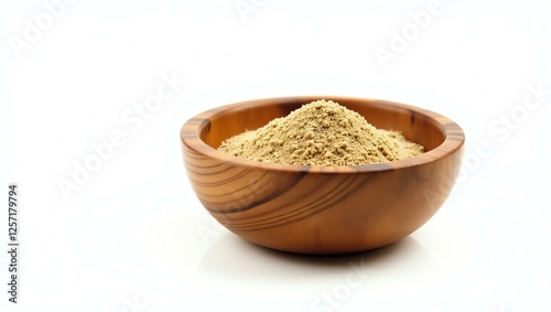 asafoetida hing placed in a rustic wooden bowl, isolated on a pure white background with a precise clipping path