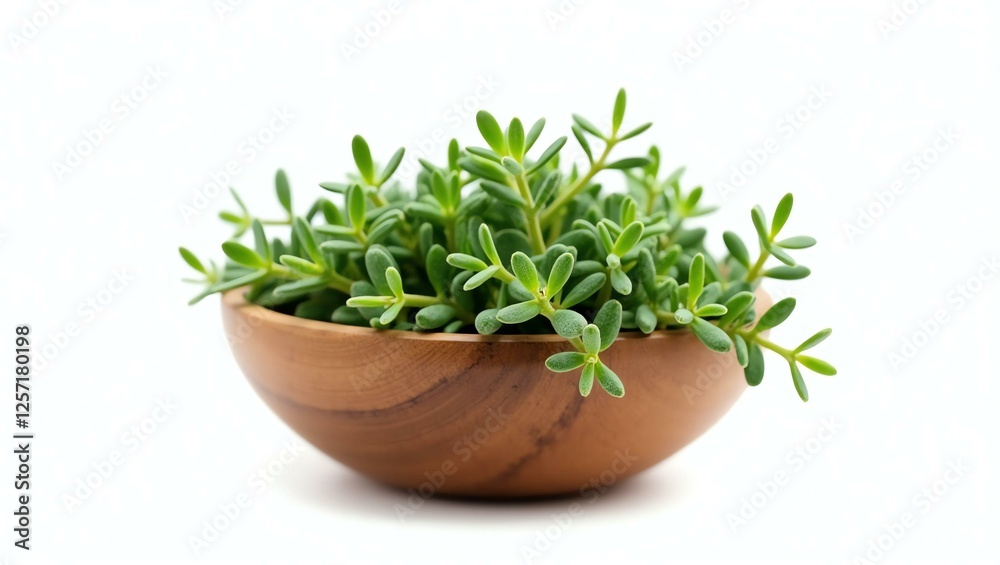 thyme placed in a rustic wooden bowl, isolated on a pure white background with a precise clipping path thyme placed in a rustic wooden bowl, isolated on a pure white background with a precise clipping path