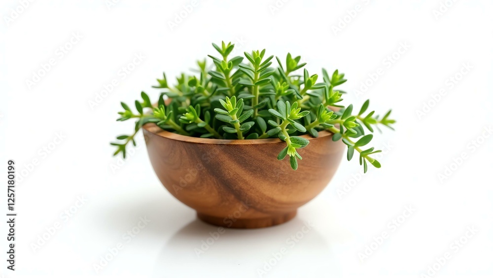 thyme placed in a rustic wooden bowl, isolated on a pure white background with a precise clipping path thyme placed in a rustic wooden bowl, isolated on a pure white background with a precise clipping path