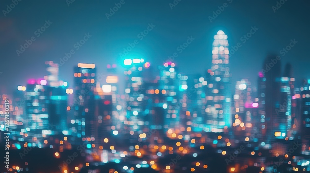 Fototapeta premium Illuminated city skyline at night with bright lights and dark sky