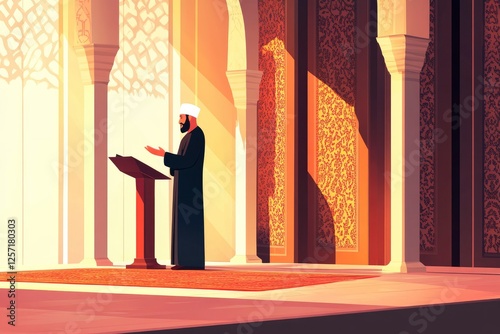 Imam Muslim giving a lecture on the mosque pulpit. Islamic concept vector illustration with generative ai