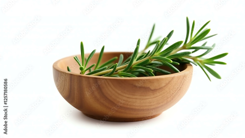 rosemary placed in a rustic wooden bowl, isolated on a pure white background with a precise clipping path rosemary placed in a rustic wooden bowl, isolated on a pure white background with a precise clipping path