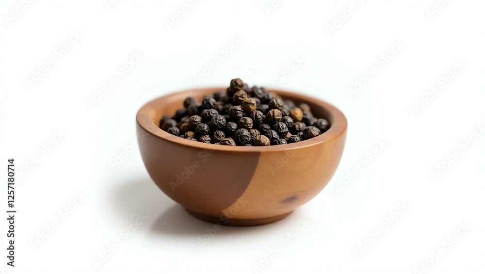 pepper placed in a rustic wooden bowl, isolated on a pure white background with a precise clipping path
