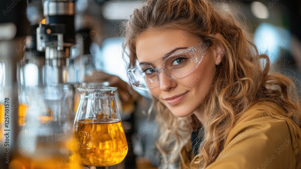 Young scientist examining a golden liquid in a laboratory Young scientist examining a golden liquid in a laboratory
