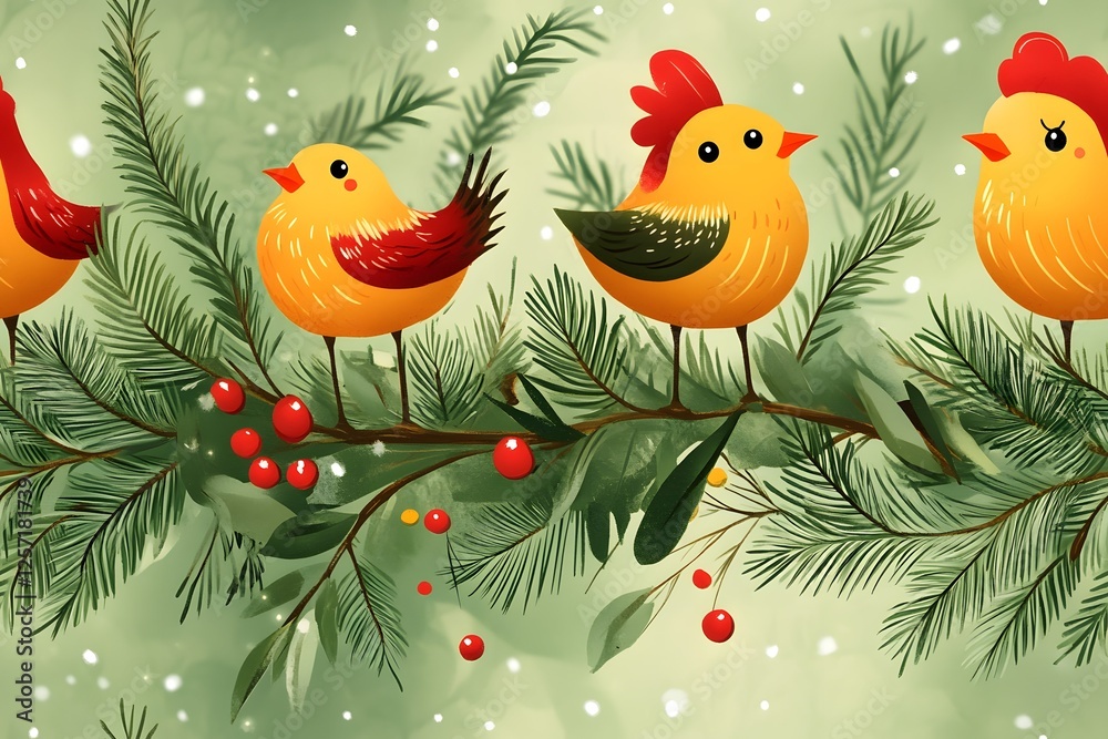 Fototapeta premium Festive Birds on Christmas Branch