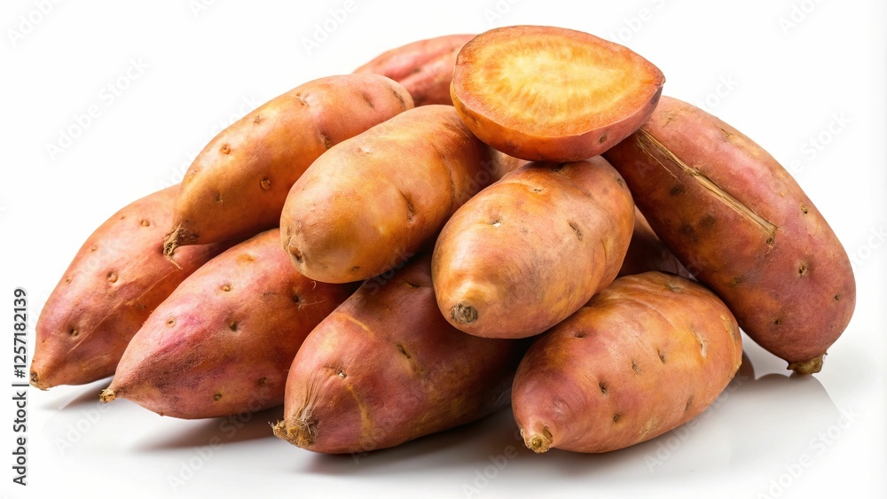 Fresh Raw Sweet Potatoes on White Background - A pile of raw sweet potatoes, highlighting their reddish skin and smooth texture, ideal for cooking or baking.
Fresh Raw Sweet Potatoes on White Background - A pile of raw sweet potatoes, highlighting their reddish skin and smooth texture, ideal for cooking or baking.