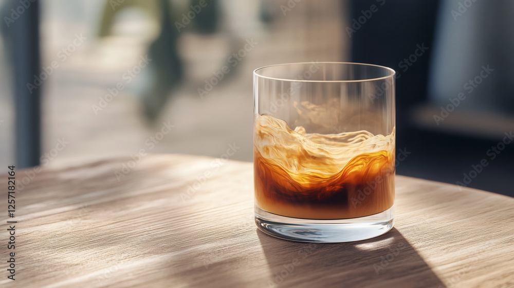 Coffee with cream swirl in glass on table. Coffee with cream swirl in glass on table.