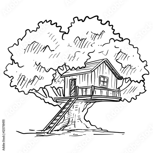 wood tree house handdrawn illustration