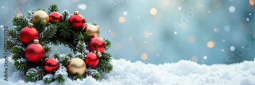 Snow-covered wreath adorned with red and gold ornaments, Christmas, holiday
