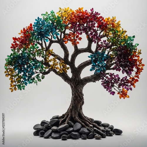A tree of life design, with a strong trunk of dark stones and vibrant, multicolored gemstone leaves blooming against a white background.