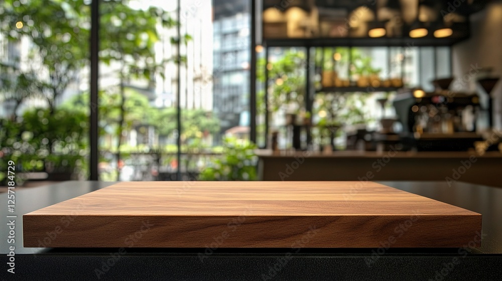 Empty Wooden Tabletop in Blurred Modern Cafe Interior Empty Wooden Tabletop in Blurred Modern Cafe Interior