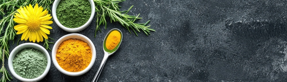 Herbal powders, spices, and herbs on dark background. Food photography for recipe blogs Herbal powders, spices, and herbs on dark background. Food photography for recipe blogs