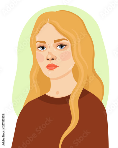 Portrait of a young blonde woman with blue eyes and brown clothes. Women's day. Pretty european girl. Vector illustration.