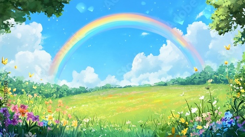 Rainbow over vibrant meadow, butterflies, game background