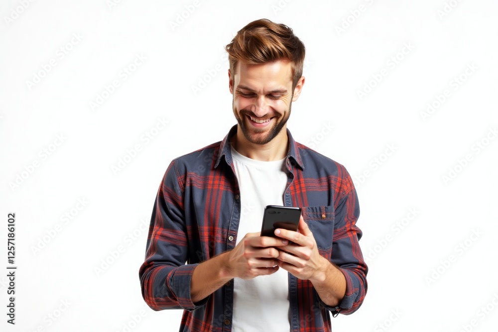 Happy young man standing and using his smartphone. Cheerful and engaged with his mobile device. Suitable for mobile technology, communication, and lifestyle themes. Happy young man standing and using his smartphone. Cheerful and engaged with his mobile device. Suitable for mobile technology, communication, and lifestyle themes.