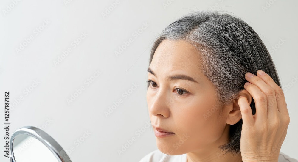 A middle-aged Asian woman is looking at her hair in the mirror with gray and white strands. A Japanese woman in her fifties with silver hair is looking at herself in the mirror. Beauty, health A middle-aged Asian woman is looking at her hair in the mirror with gray and white strands. A Japanese woman in her fifties with silver hair is looking at herself in the mirror. Beauty, health