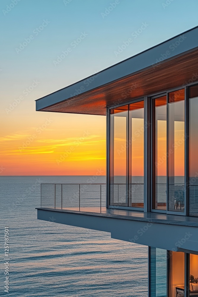 Modern Oceanfront House with Glass Windows Overlooking a Stunning Sunset on the Horizon