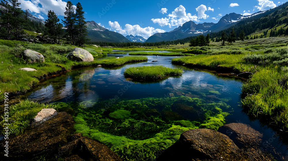 Fototapeta premium Clear mountain stream winds through a lush green alpine meadow under a bright blue sky.