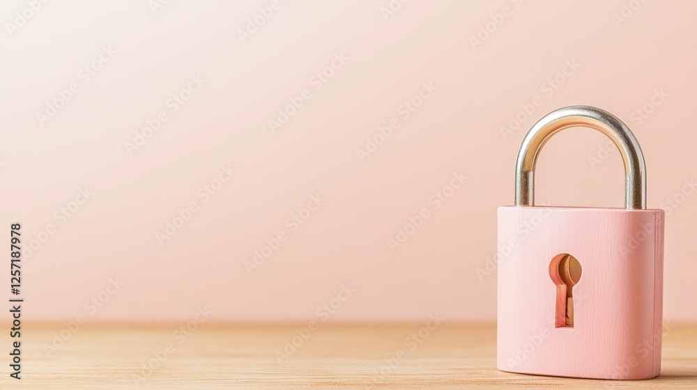 Fototapeta premium Pink padlock on rustic wooden table, a symbol of security, privacy, and protection