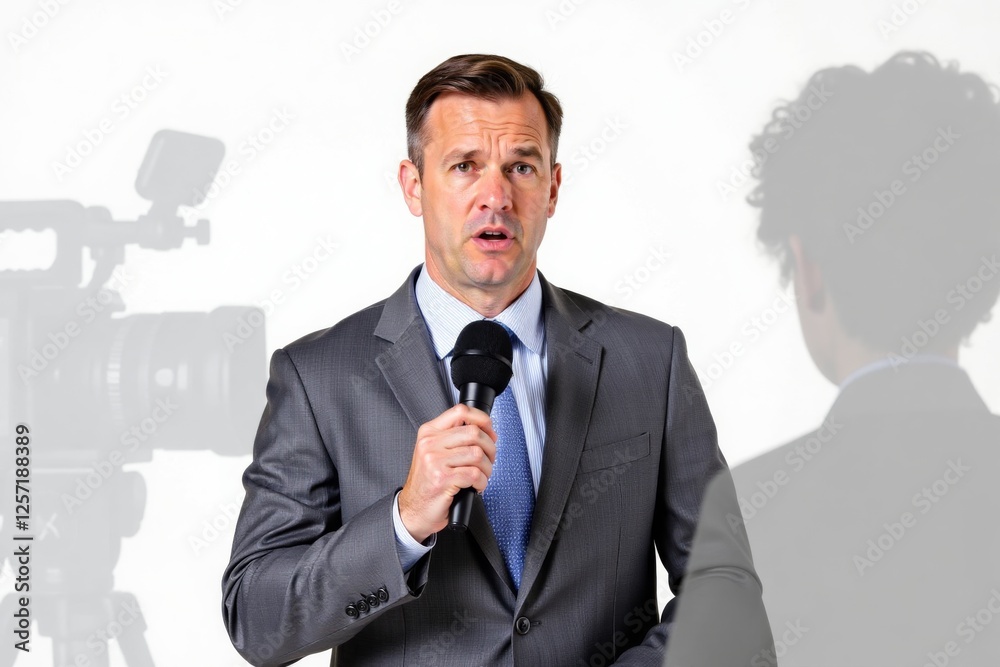 Male journalist holding a microphone, reporting in front of the camera. Professional and serious, suitable for news, media, and journalism themes. Male journalist holding a microphone, reporting in front of the camera. Professional and serious, suitable for news, media, and journalism themes.