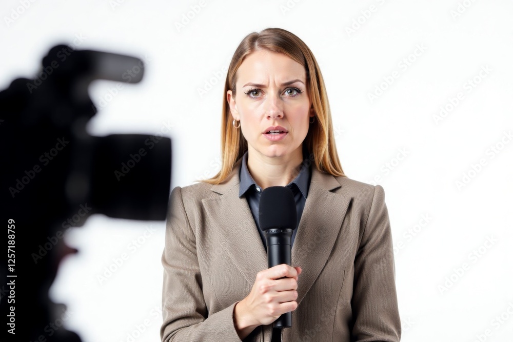 Journalist holding a microphone, reporting on camera.  Professional media setting, ideal for news, journalism, and broadcasting themes.