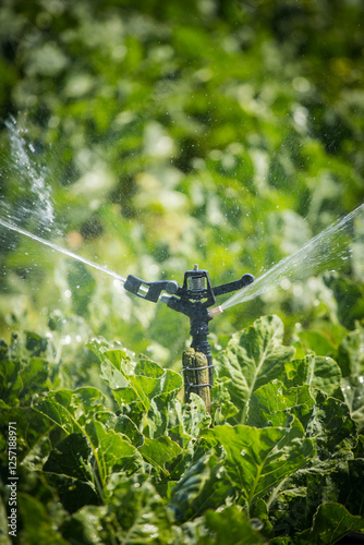 A close-up of a sprinkler head in a field, used for irrigation in agriculture, with a blurred background of crops and greenery, highlighting sustainable water management practices in farming.