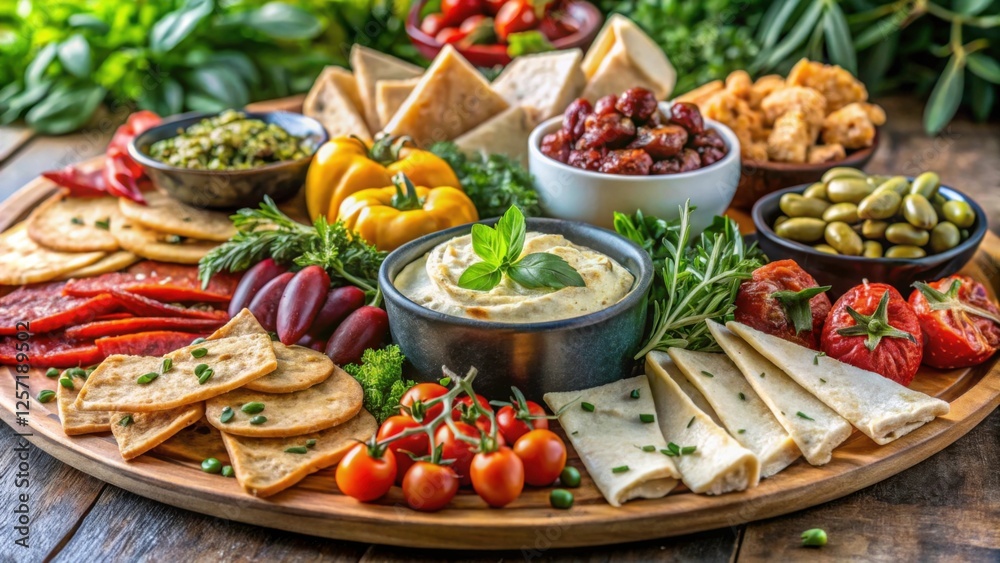 Colorful Platter of Fresh Vegetables, Dips, and Appetizers Colorful Platter of Fresh Vegetables, Dips, and Appetizers