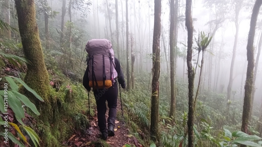 Fototapeta premium Backpacker hikes through dense forest with heavy fog present