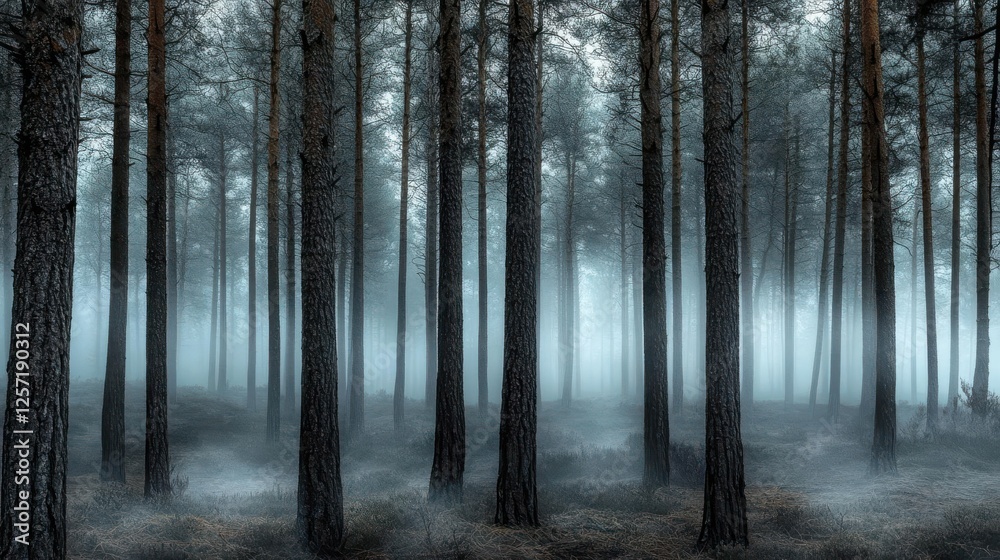 Naklejka premium A forest background showcasing a dark pine forest shrouded in a thick fog