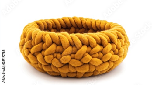 Round mustard yellow knitted wool pet bed against white background. Use Stock photo photo