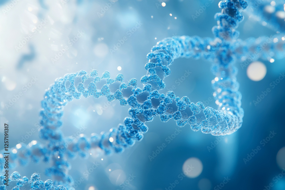 A close up of a DNA strand with a blue background. The image is abstract and has a moody atmosphere. A close up of a DNA strand with a blue background. The image is abstract and has a moody atmosphere.