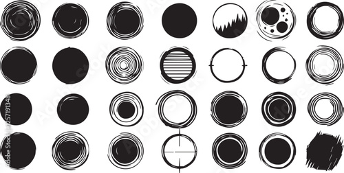 Set of black hand drawn grunge doodle charcoal, pencil, chalk circle border frames. Vector illustration template borders design for website, banner, app, poster, background, card