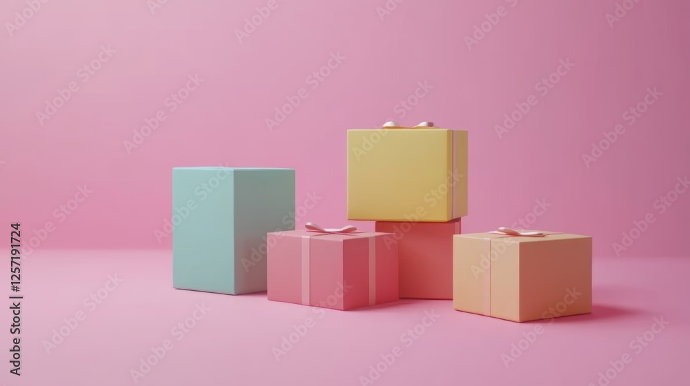 Fototapeta premium Colorful packaging for presents and deliveries on a pinkish background. The idea of delivering gifts and packages for Valentine's Day, bringing joy. Shopping, discounts, and special offers.