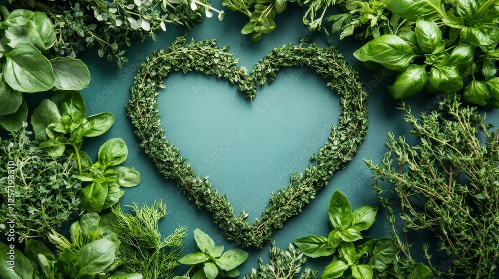 Green herbs arranged into a heart shape on background Green herbs arranged into a heart shape on background