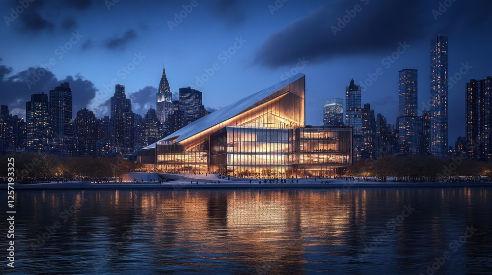 Naklejka premium Modern waterfront building, city skyline, night, reflection, architecture