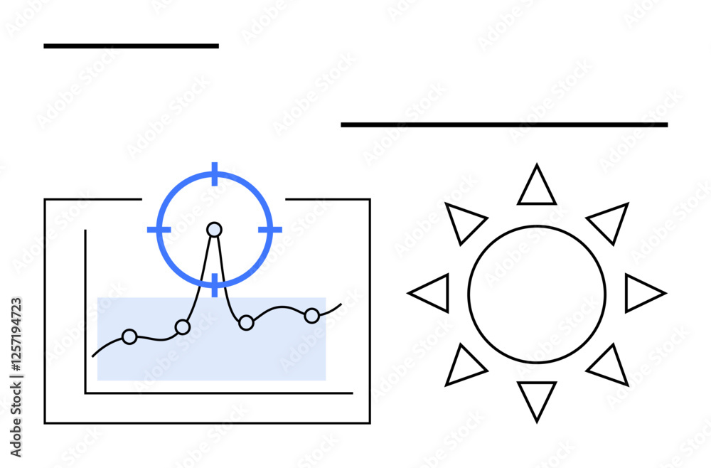 Line chart with focus point, sun symbolizing growth, lines and shapes for creative balance. Ideal for analytics, innovation, progress, strategy, sustainability, clarity abstract line flat metaphor Line chart with focus point, sun symbolizing growth, lines and shapes for creative balance. Ideal for analytics, innovation, progress, strategy, sustainability, clarity abstract line flat metaphor