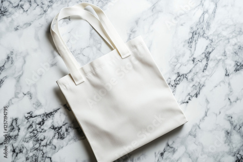 A white tote bag lies on a marble table, viewed from above. The tote is blank, with no designs or text, resembling a mockup. The lighting is bright and even, creating a clean and minimalistic look